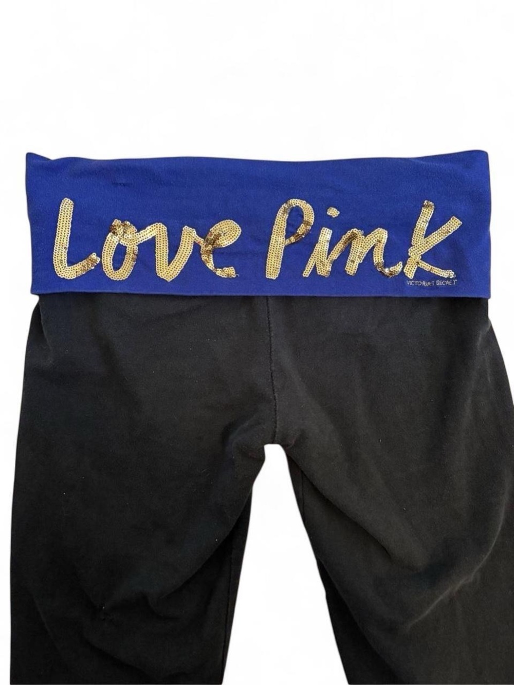 PINK Victoria's Secret Black Capri Pants with Blue Gold 'Love Pink' Waistband - Picture 3 of 6